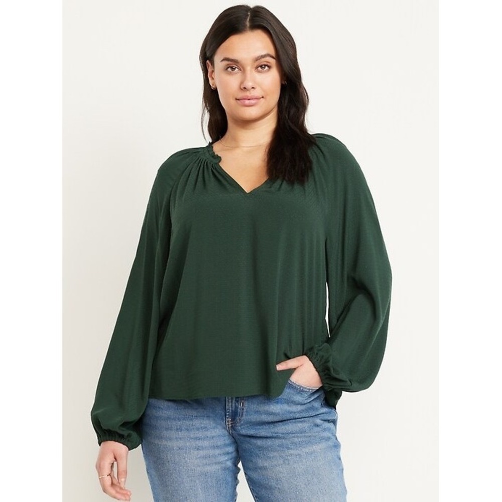 Ee:Some Womens Sz Medium Sienna Blouse Hunter Green Ruffle Split Neck LongSleeve